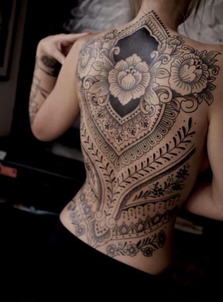 Ornamental full back tattoo blackwork designs and peonies
